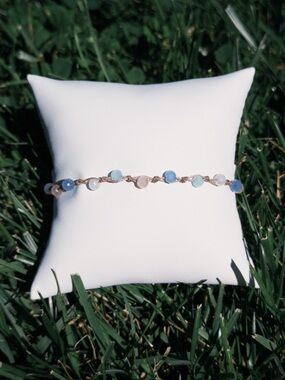 Micro Macrame Handmade Bracelet, Teal, Blue, Pink, White Beads, Brown String